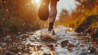 Athletic shoe splashing in autumn puddle during sunset with water drops and golden bokeh effect, perfect for seasonal outdoor lifestyle and fitness advertising.