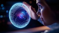 Young Asian woman looking at glowing digital sphere with fingerprint pattern and spiral design against dark background with bokeh lights. Futuristic technology concept.