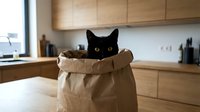 Black cat with yellow eyes peeking out of brown paper bag in modern kitchen with wooden cabinets and countertop, playful pet behavior and curiosity concept.