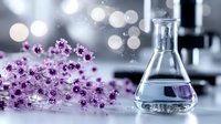Laboratory glass flask with clear liquid against blurred purple flowers and bokeh lights creates scientific research atmosphere in soft purple and gray tones.