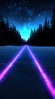 Glowing neon pink lines lead through snowy forest path under starry night sky with vibrant blue nebula, creating futuristic winter landscape atmosphere.