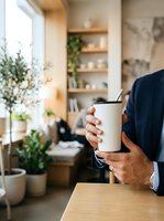 Man in navy blazer holding white insulated tumbler at wooden desk in modern office with potted plants, shelving, and natural light for beverage, workplace, and lifestyle concepts.