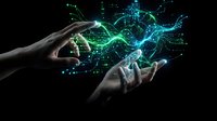 Hands exchanging glowing digital network data with green and blue light particles on black background, representing technology transfer, innovation, and digital connection for business solutions.