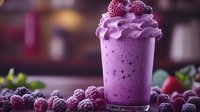 Vibrant purple raspberry smoothie topped with fresh berries and whipped cream in glass, surrounded by scattered frozen raspberries on dark background for food menu.