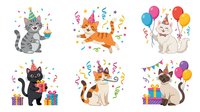 Cute cats celebrating with party hats, balloons, confetti and gifts. Isolated cartoon animal characters perfect for birthday invitations, greeting cards, children's designs and festive decorations.