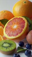 Fresh citrus fruits and berries composition with sliced blood orange, kiwi, whole oranges and blueberries on white background, macro shot with soft focus.