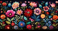 Vibrant folk art floral pattern with colorful wildflowers, daisies and botanical elements on black background. Decorative nature composition for textile design.