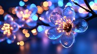 Glowing crystal flower with warm light inside against blurred blue and orange bokeh background creates magical garden atmosphere at night.