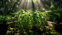 Young seedlings growing in rich soil with sunlight filtering through forest canopy, suitable for gardening, agriculture, and environmental sustainability concepts.
