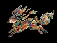 Colorful ornate rabbit in motion, decorated with swirling folk art patterns, isolated on transparent background. Great for stickers, t-shirt design, and print on demand.