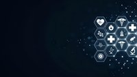 Medical healthcare hexagonal icons floating on dark blue background with glowing particles for digital health technology presentations.