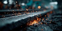 Glowing sparks and embers on dark asphalt surface with bokeh lights in background, creating atmospheric industrial mood for creative projects.