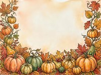 Autumn harvest frame with pumpkins, gourds, and fall foliage on cream background. Seasonal border design for invitations, cards, and autumn-themed projects.