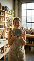 Mature female potter with gray hair displaying handcrafted ceramic bowl in sunlit studio workshop surrounded by wooden shelves, pottery supplies, plants, and natural light from large windows.