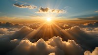 Dramatic aerial view above fluffy clouds with bright sunburst breaking through at sunset, creating golden rays and dramatic atmosphere in turquoise sky.