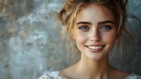 Young Caucasian woman with bright blue eyes and messy blonde updo hairstyle smiling genuinely at camera against blurred textured background. Natural beauty portrait.