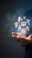 Hands holding glowing neon education symbols including letters, book, and learning icons against dark blue background. Concept for online learning, knowledge, and educational technology solutions.