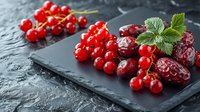 Fresh red currants and dried dates garnished with mint leaves arranged on black slate board, macro food photography with natural lighting and texture.
