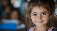 Young Hispanic girl with bright smile and brown hair wearing pink shirt in classroom setting, natural lighting creates warm atmosphere for education themes.