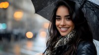 Young woman with bright smile holding umbrella on rainy city street with bokeh lights in background, wearing leather jacket and knit scarf during autumn weather.
