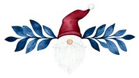 Scandinavian gnome with white beard and red hat decorated with blue watercolor leaves border on white background, Christmas holiday design element.