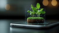 Digital hologram of young green plants growing from soil emerging from smartphone screen with glowing particles and grid lines in dark environment.