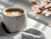 Cozy knitted cup holder with heart latte art coffee and spring cherry blossoms creating warm morning atmosphere for relaxation and comfort lifestyle.
