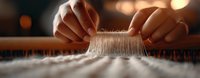 Hands weaving on traditional loom in warm lighting, close-up view showing threads and textile craftsmanship process against blurred background with bokeh effect.