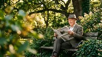 Senior Caucasian man in hat reading newspaper on park bench surrounded by lush green foliage during golden hour sunlight for leisure and retirement concepts.