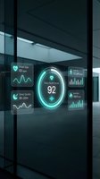 Futuristic holographic health monitoring display with glowing cyan interface showing daily health score, heart rate, sleep quality, and activity metrics on transparent glass panel in modern office setting.