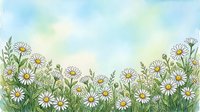 Watercolor meadow with white daisy flowers and green stems against a soft blue sky, hand-drawn style with copy space for text or design.