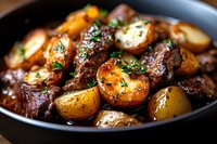 Tender braised beef chunks with golden baby potatoes and fresh herbs in rich brown sauce, served in cast iron pan. Close up view of hearty comfort meal.