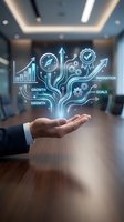 Businessman hand presenting holographic business growth tree with innovation icons, charts and gears in modern office conference room for strategic planning.