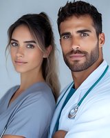 Professional healthcare team portrait featuring confident male doctor with stethoscope and female nurse colleague in medical scrubs for hospital marketing.