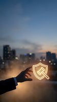 Businessman hand holding glowing shield with gavel icon against blurred city skyline at sunset representing legal protection and security services.