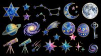 Celestial clipart set with stars, moon, planets, galaxy, telescope, and key, isolated on transparent background. Ready for stickers, t-shirt design, and print on demand.
