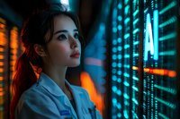 Young Asian female tech specialist in white coat looking up at glowing digital data wall with blue neon lights and orange accents creating cyberpunk atmosphere.
