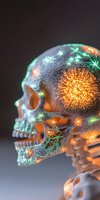Glowing skull with magical firework patterns in orange and green colors against dark background, side view anatomical model with luminous decorative effects.
