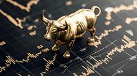 Golden bull figurine on stock market chart background with rising trend lines and financial data. Symbol of profitable trading and bullish market sentiment.