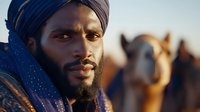 Young Indian Sikh man with beard and dark blue turban in traditional dress against blurred desert background with camels at sunset, dramatic lighting.