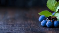 Fresh ripe blueberries with green leaves on dark wooden background, with bee collecting nectar. Natural organic berries macro photography.