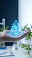 Hand holding glowing water droplet with circuit board pattern symbolizing clean technology, sustainable energy, and digital innovation for environmental solutions.