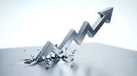 Metallic upward arrow breaking through surface symbolizing business growth, financial success, and market expansion for corporate presentations.