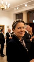 Elegant mature businesswoman smiling at corporate event with colleagues networking in background at upscale venue with chandelier lighting.
