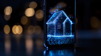 Glowing blue hologram house displayed on smartphone screen with bokeh background lights creates futuristic real estate technology concept.
