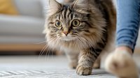 Curious Maine Coon cat with striking green eyes and fluffy striped fur walking on hardwood floor, focused expression showing natural feline behavior at home.