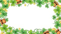 St. Patrick's Day frame with green shamrocks, gold coins and leprechaun hats on white background for festive holiday designs and greeting cards.