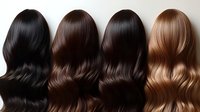 Shiny wavy hair in different natural shades from black to brown and caramel arranged in row showing professional hair coloring palette for beauty salon.