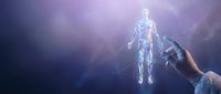Futuristic holographic human anatomy projection displayed through advanced technology device with glowing digital wireframe body model for medical education.