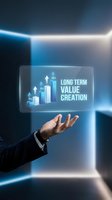 Businessman holding transparent holographic display showing growth charts and long term value creation concept with glowing blue light effects.